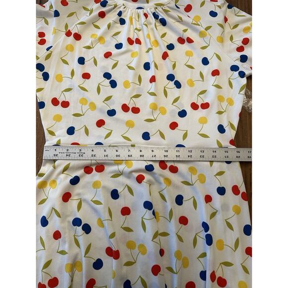 ModCloth Cherry 🍒 Print Retro Swing Dress Size Large White Colorful Belted - Picture 12 of 15